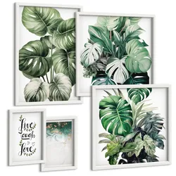 BILDER SET 5er Set - 50x50 cm & 20x30 cm & 40x60 cm Weißer Rahmen - Blattpflanzen leben, lachen, lieben