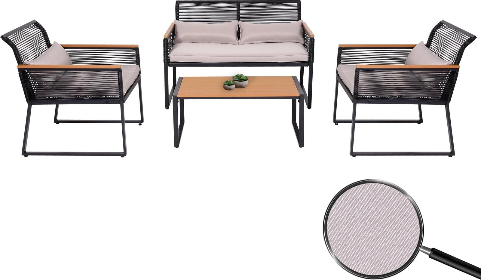Mendler Tuinset HWC-K42 loungeset met sofa en lichtgrijze bekleding in houtlook
