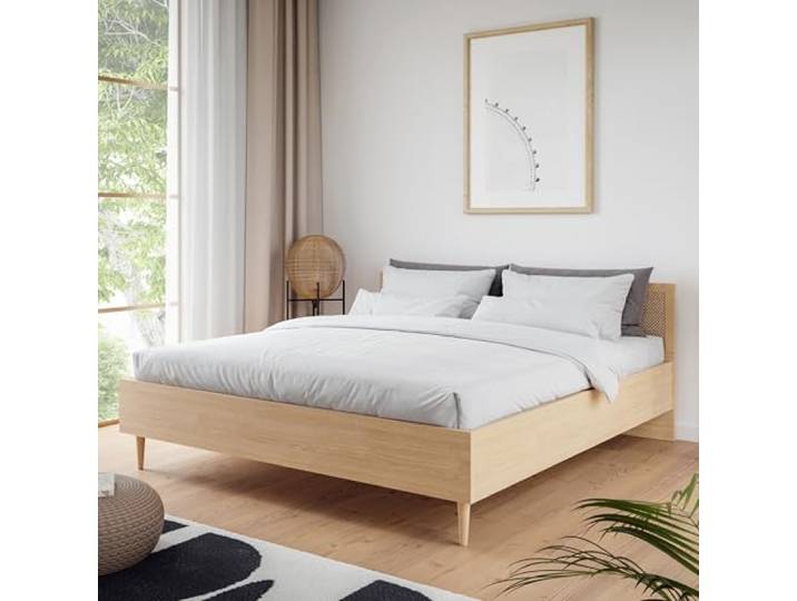 Forte CALASETTA Bettgestell 180 x 200 cm, Boho-Bettgestell, Holzwerkstoff, Elegancia Eiche Technorattan, 187,4 cm breit x 90 cm hoch x 206 cm tief