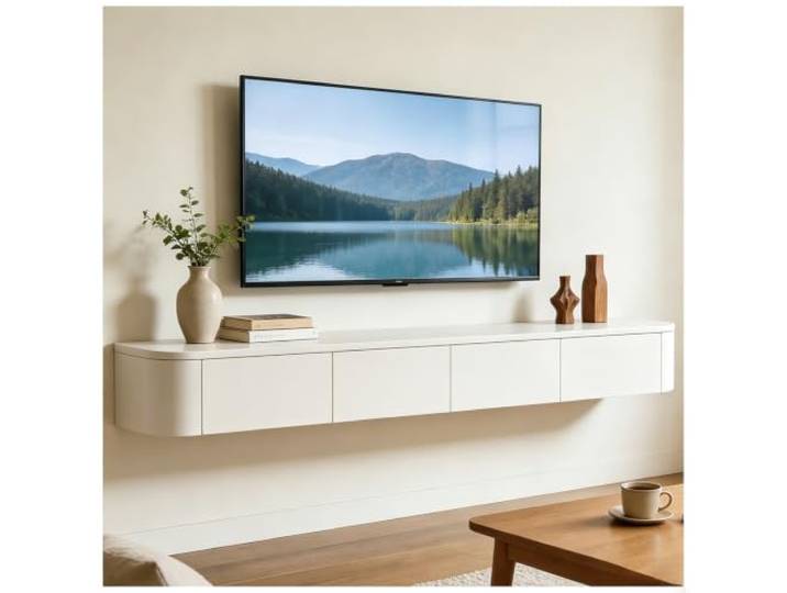 JUNFUNNLE TV Schrank 220cm Weiß, Moderner TV Board Hängend, TV Lowboard mit 2 Schubladen 2 Klappen Türen, Moderner Fernsehtisch mit Kabelmanagement, TV Tisch für Wohnzimmer und Esszimmer