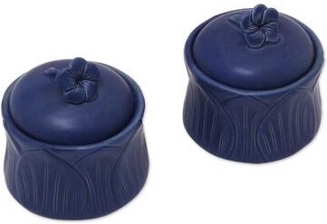 NOVICA Handmade Blue Frangipani Ceramic Condiment Jars, Set of 2 (Indonesia) - 3.1