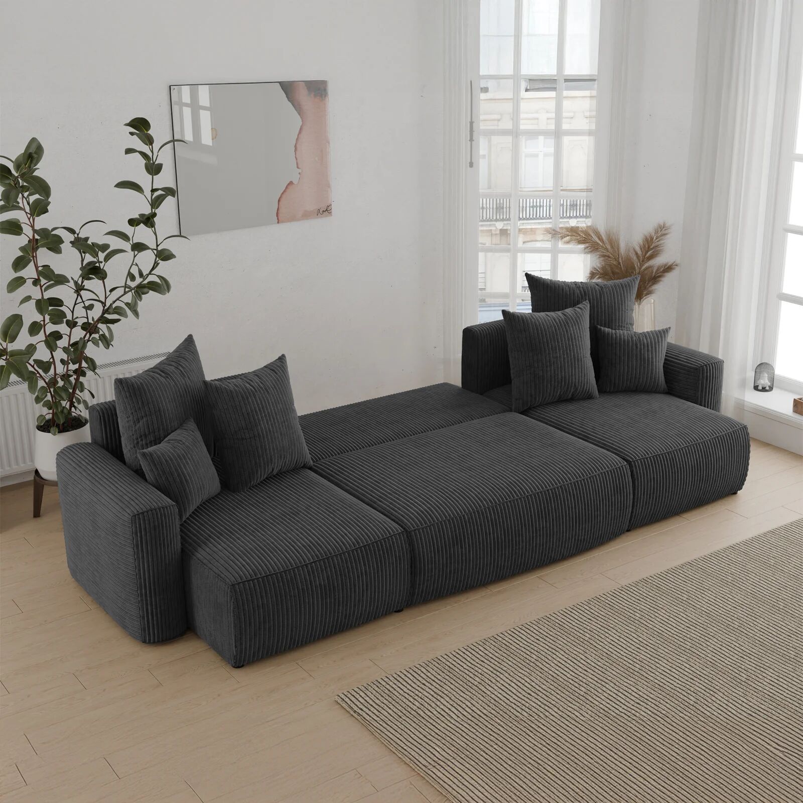 garneroarredamenti Divano letto panoramico 312x142cm velluto a coste nero Scintilla