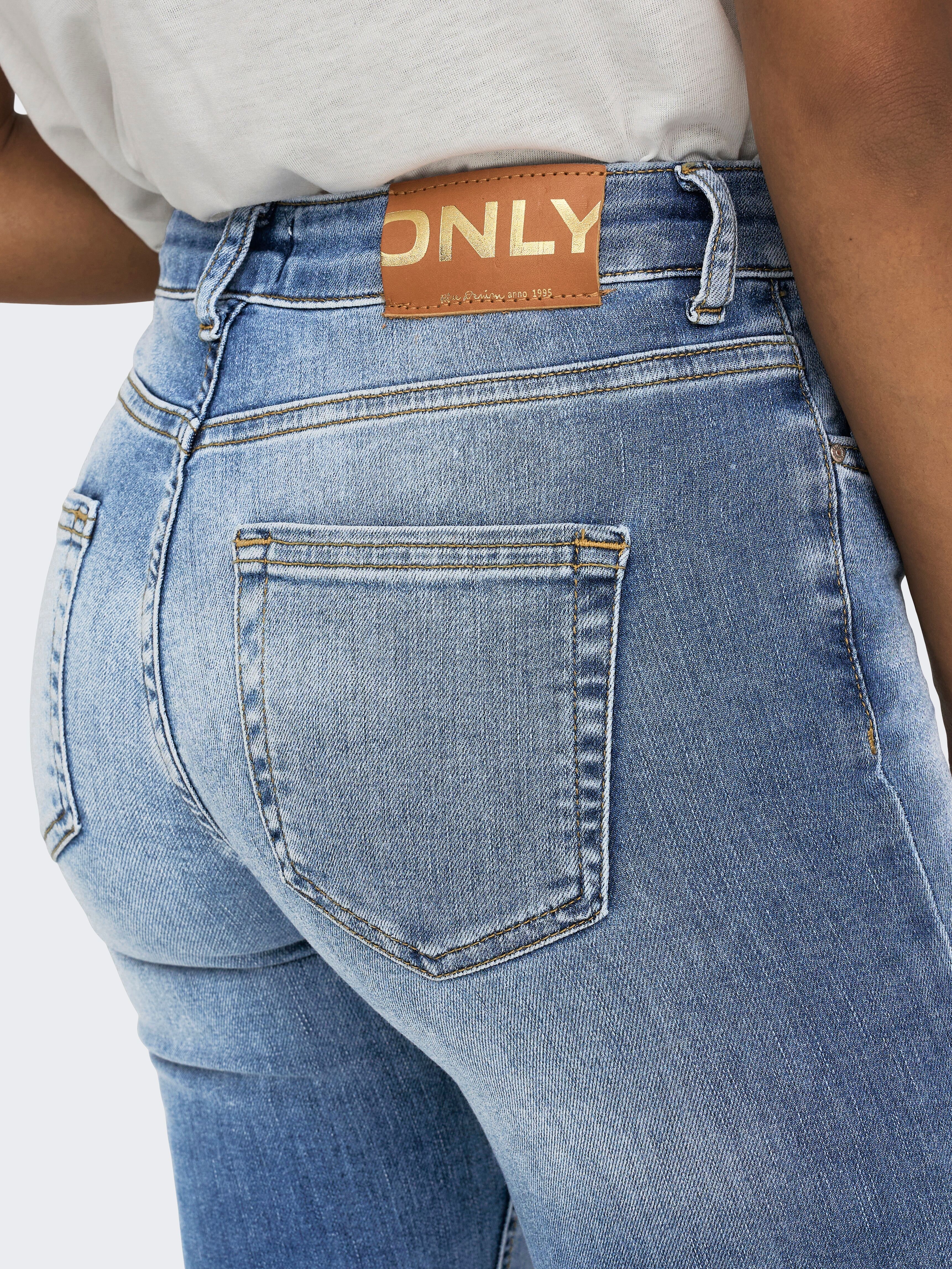 Bootcut-Jeans ONLY "ONLBLUSH – Bootcut-Jeans mit ausgestelltem Bein", Damen, Gr. S (36), Länge 34, blau (light blau denim), Denim/Jeans, Obermaterial: 92% Baumwolle, 6% Polyester, 2% Elasthan, Abriebeffekte, regular fit lang, Jeans Bootcut-Jeans, bootcut 