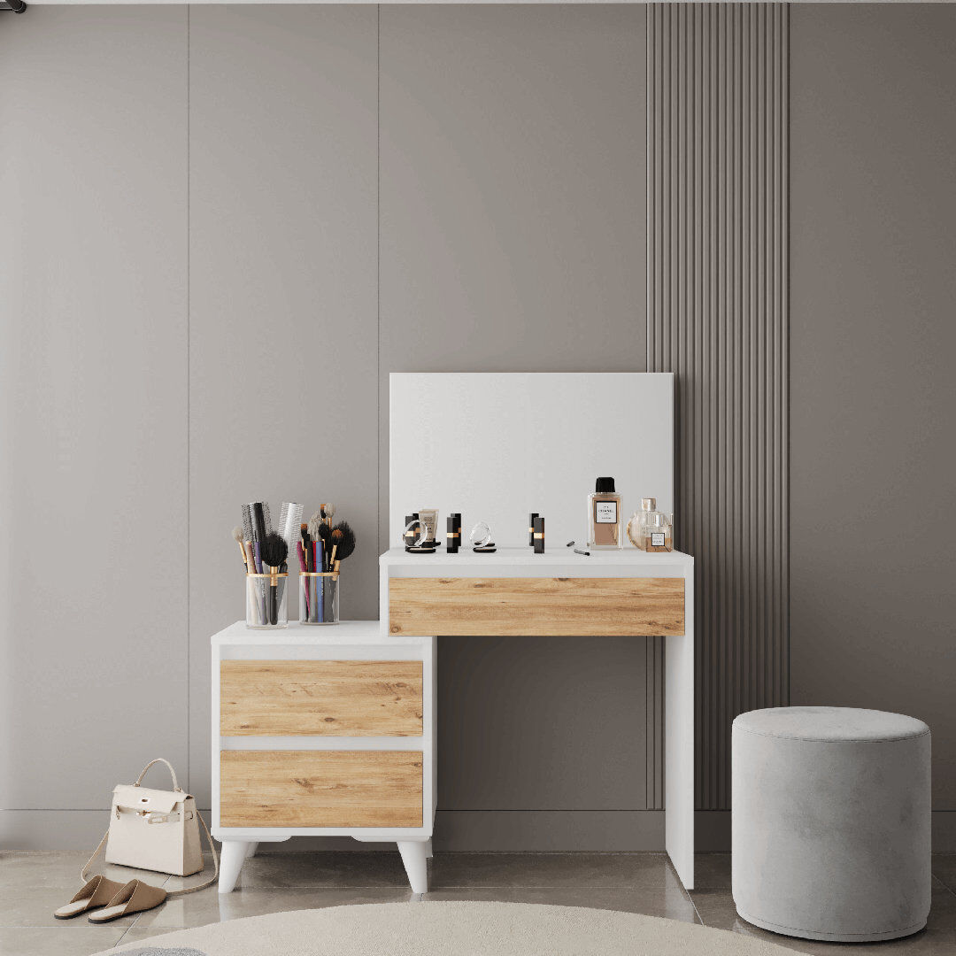 BDR Smart HOME ART Venus Mirrored Drawer Makeup Vanity – Elegant Wood White & Atlantic Pine with Mirrored Drawers Wood White / Atlantic Pine 75cm H X 109cm W X 37cm D