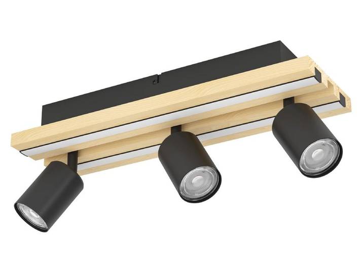 Plafonnière 3 lumières\, modèle Gesteira\, noire avec éléments en bois