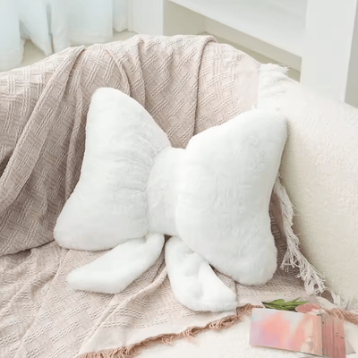 Uplift Curations FluffEase Pink Bow Rabbit Fur Sofa Pillow Plush Car Seat Cushion & Backrest Support white