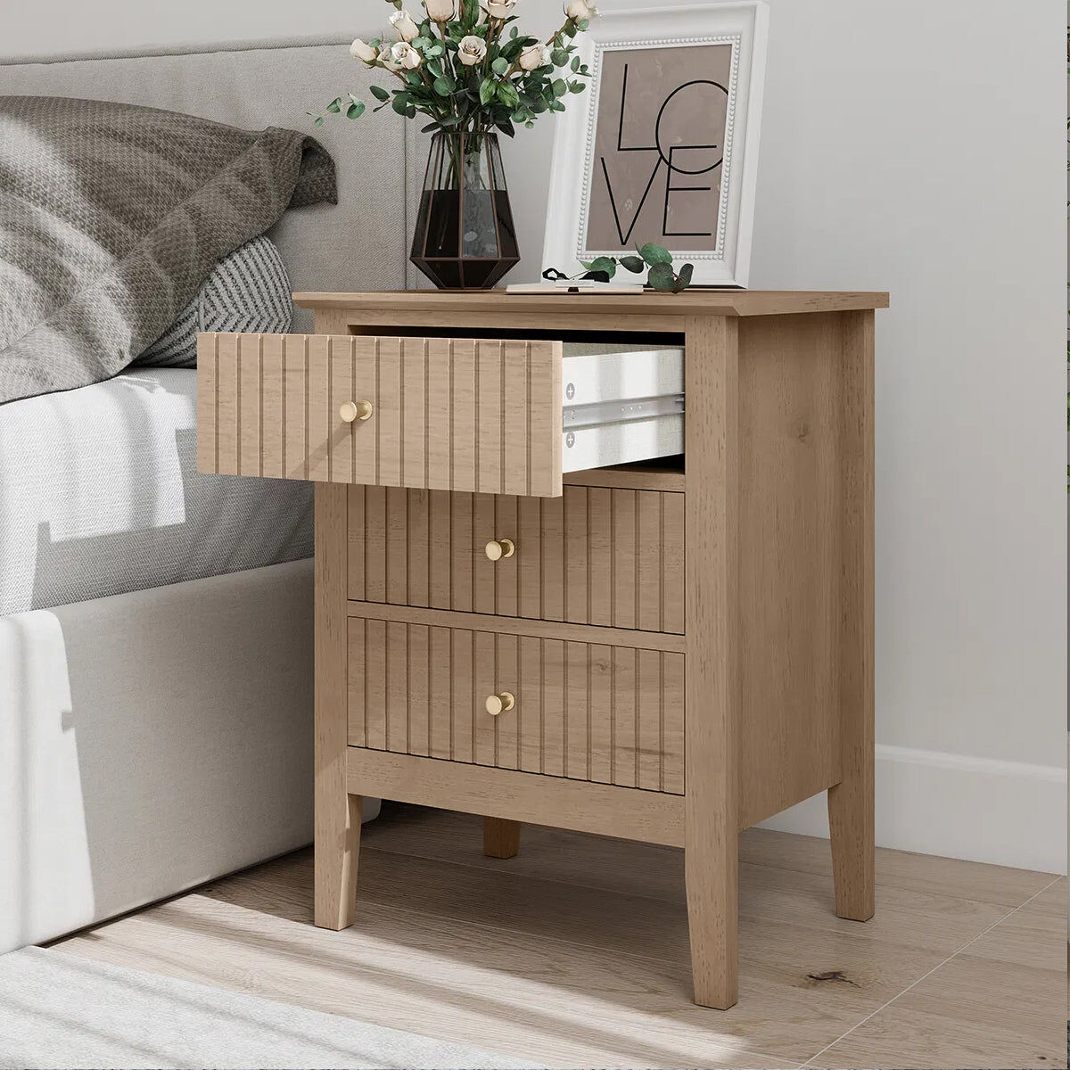 Pair of 3 Drawer Bedside Tables - Hales Pale Wood Range Manufactured Wood, Metal