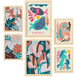 POSTER Set Mit 6 Lebende Harmonie In Tiere Zusammenfassungen A3 & A4 Rahmen Aus Hellem Holz