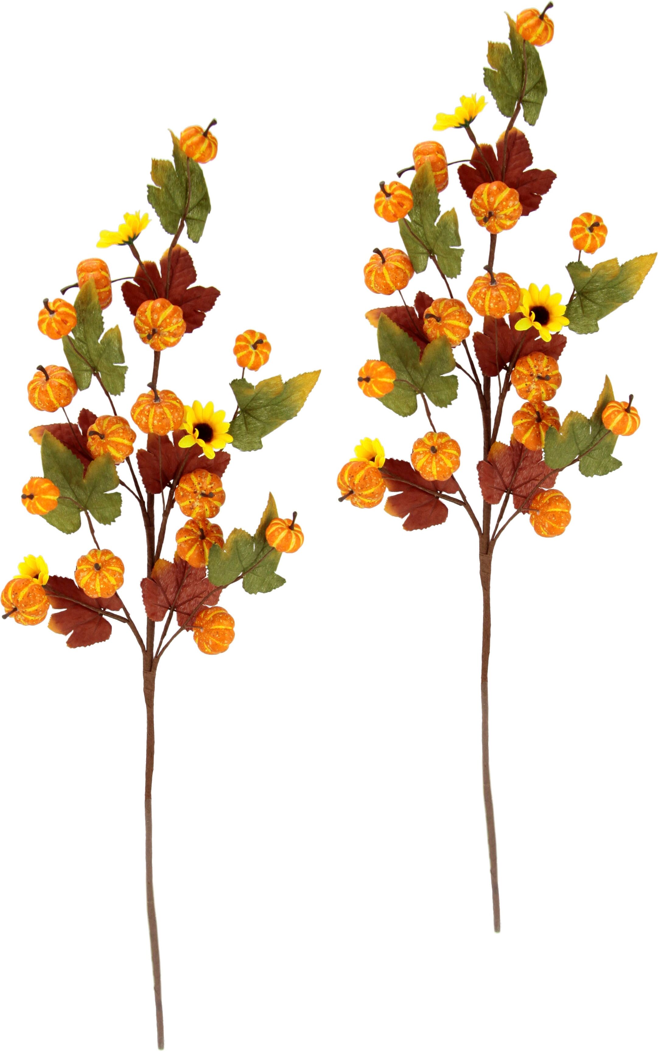 Kunstzweig I.GE.A. "Herbstzweige", orange, B:16cm H:65cm L:65cm, Obermaterial: 50% Kunststoff, 50% Polyester, Kunstpflanzen, Kunstzweig, Mit Sonnenblumen, Kürbissen und Herbstlaub, 2er Set
