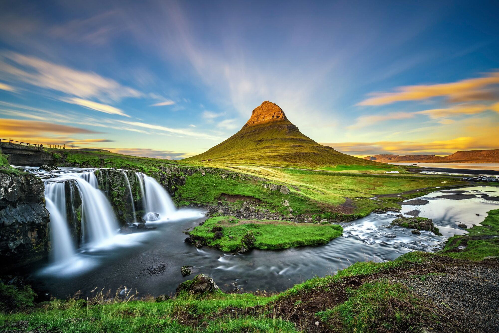 Fototapete PAPERMOON "KIRKJUFELL-WASSERFALL FLUSS ISLAND BERG SONNENUNTERGANG", bunt, B:3,5m L:2,6m, Vlies, Tapeten, Fototapete bunt B/L: 3,5m x 2,6m, Bahnen: 7 Stk.
