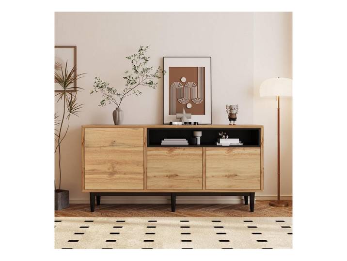 Fine Life Pro Sideboard Sideboard modern, Holz, 3 Türen, Regale, 160x35x76 cm