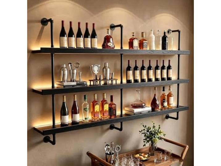 Alkmla Holz Weinregal Wand, 3-lagig Hängendes Weinflaschenregal，Black：155cm schwarzes Industrie-Weinregal, Für Weinflaschen und Barzubehör, Küche, Esszimmer, Hausbar, Café und Restaurant