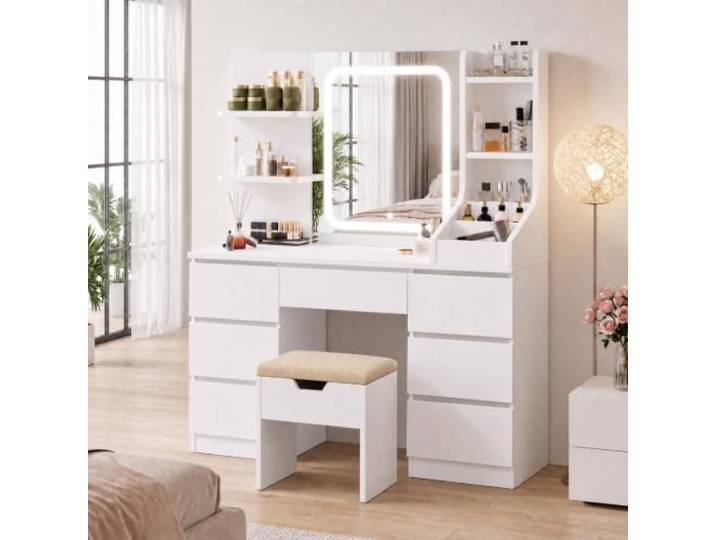 JUMMICO Schminktisch mit LED-Spiegel & Helligkeitsregelung, Großer Make-up-Tisch mit 4 offenen Fächern & 7 Schubladen, Modernes Möbelstück mit viel Stauraum (Weiß Sets, Holz)