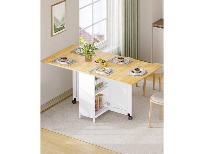Table à Manger Pliante avec Roues avec des tiroirs et des étagères Ouvertes Convient aux Petits espaces Blanc-chêne