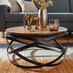 FineBuy Couchtisch MANUR Sheesham Massivholz rund Ø 60 cm Wohnzimmertisch Metall