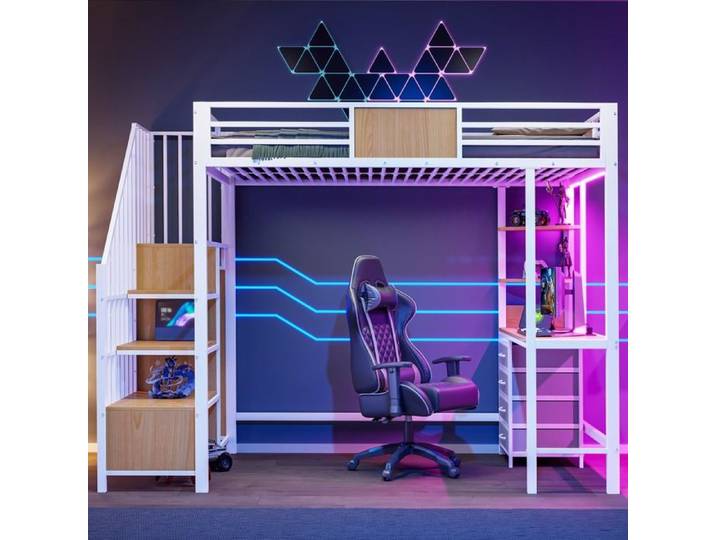 Bladez - Lit mezzanine 90 × 200 cm lit ado avec bureau étagères penderie et éclairage LED pour petite chambre - blanc