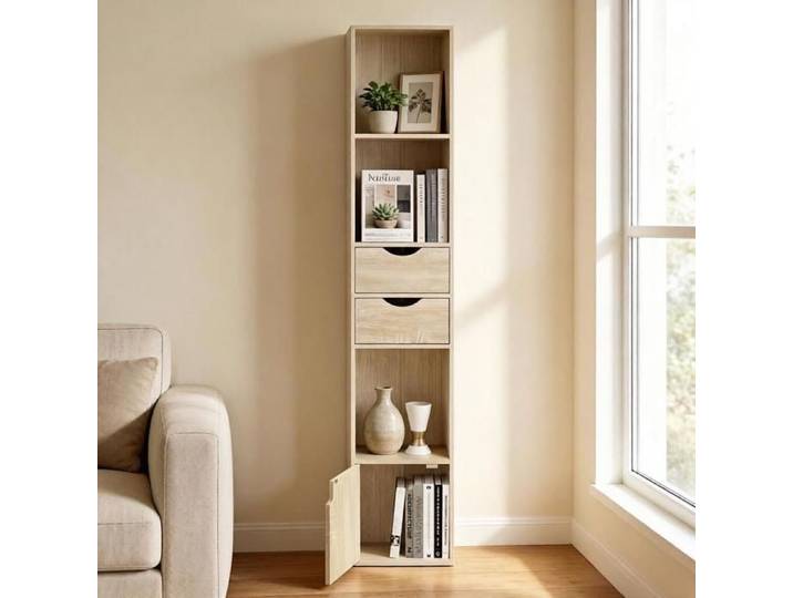 Bibliothèque colonne 30x24x158 cm meuble de rangement avec 3 compartiments ouverts 2 tiroirs et 1 casier Chêne Clair