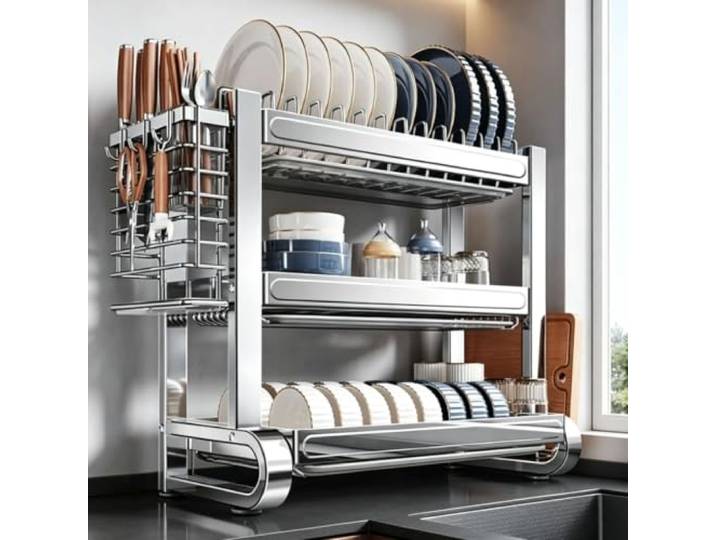 MDEUFYWEGB Abtropfgestell edelstahl，3-stöckiges Abtropfgestell, Küchentheke teller organizer，Mit Abnehmbarer Abtropfschale，für Teller, Tassen, Topfdeckel(B,43cm/16.9in)
