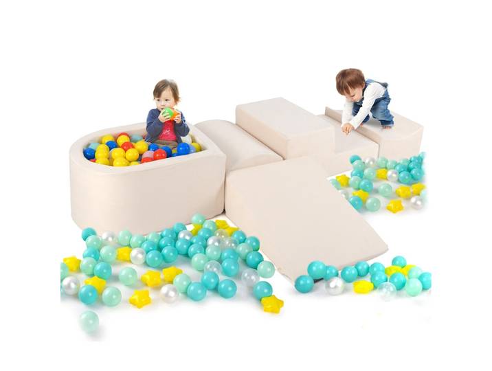5-delige Klim- & Kruipset Zachte Speelblokken met Ballenbak Schuimbouwstenen Creatieve Bouwstenen voor Speelkamer Kinderkamer Beige