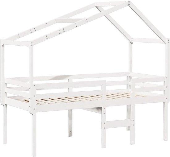 Famanu Hochbett mit Dach - Kinderbett aus massivem Kiefernholz - 90x200 cm - Weiß