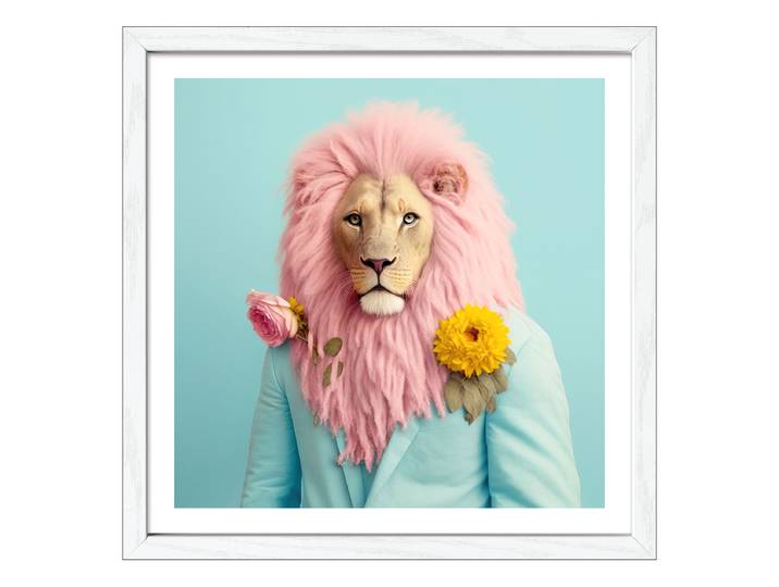 Image en bois Lion rose Verre flotté, MDF Turquoise/Rose foncé/Jaune 33 x 33 x 1cm