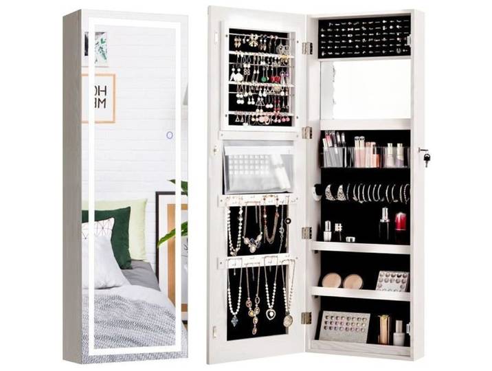 COSTWAY Armoire à Bijoux avec Ecran Tactile Lumineux LED Verrouillable Rangement pour Bijoux et Cosmétiques Blanc