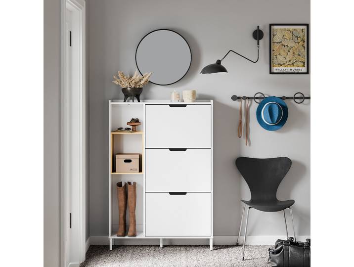 SoBuy FSR209-WN Meuble à chaussures Narely en bambou blanc avec 3 portes battantes, cadre en bois, design peu encombrant, 90x19x129,5 cm