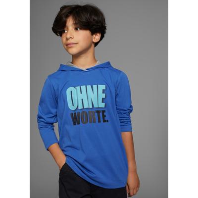 Kapuzenshirt KIDSWORLD "OHNE Worte", Jungen, Gr. 152/158, blau (royalblau), Jersey, Obermaterial: 100% Baumwolle. Kapuzenfutter: 90% Baumwolle, 10% Viskose, bedruckt, Basic, Shirts Kapuzenshirt, cooler Spruch