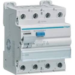 Hager Fehlerstromschutzschalter 4p 10kA 63A 30mA A CDA663D