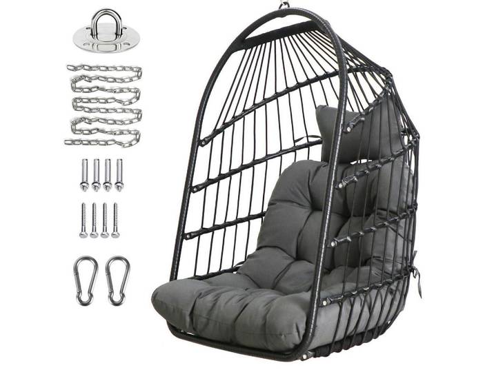 Hängesessel Rattan Korb mit Aufhängeset Schwarz, Grau, Kunststoff, 73x1.5x108 cm, Gartenmöbel, Gartenschaukeln, Hängesessel