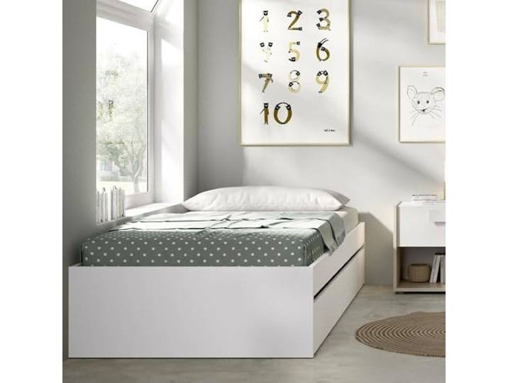 Dmora - Kinderbett Castellaz, Kinderbett für Schlafzimmer, Einzelbett mit Kommoden, Struktur mit ausziehbarem Bett, 96x195 h40 cm, Weiß