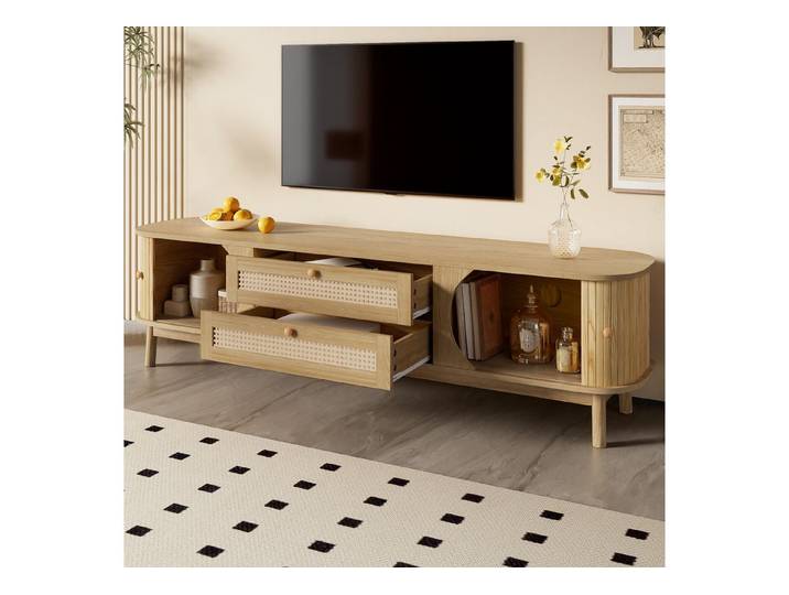 STILVORA Wohnzimmer-Set mit Rattanseiten,TV-Schrank Fernsehschrank mit Schubladen&Schiebetüren, (Packung, 1-St., mit Türen und Schubladen), mit Rattanseiten, Landhausstil