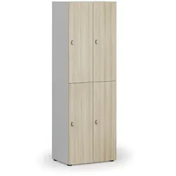 Holzspind S4 mit Ablagefächern, 4 Fächer, zerlegt, Drehriegelschloss, grau/Eiche natur