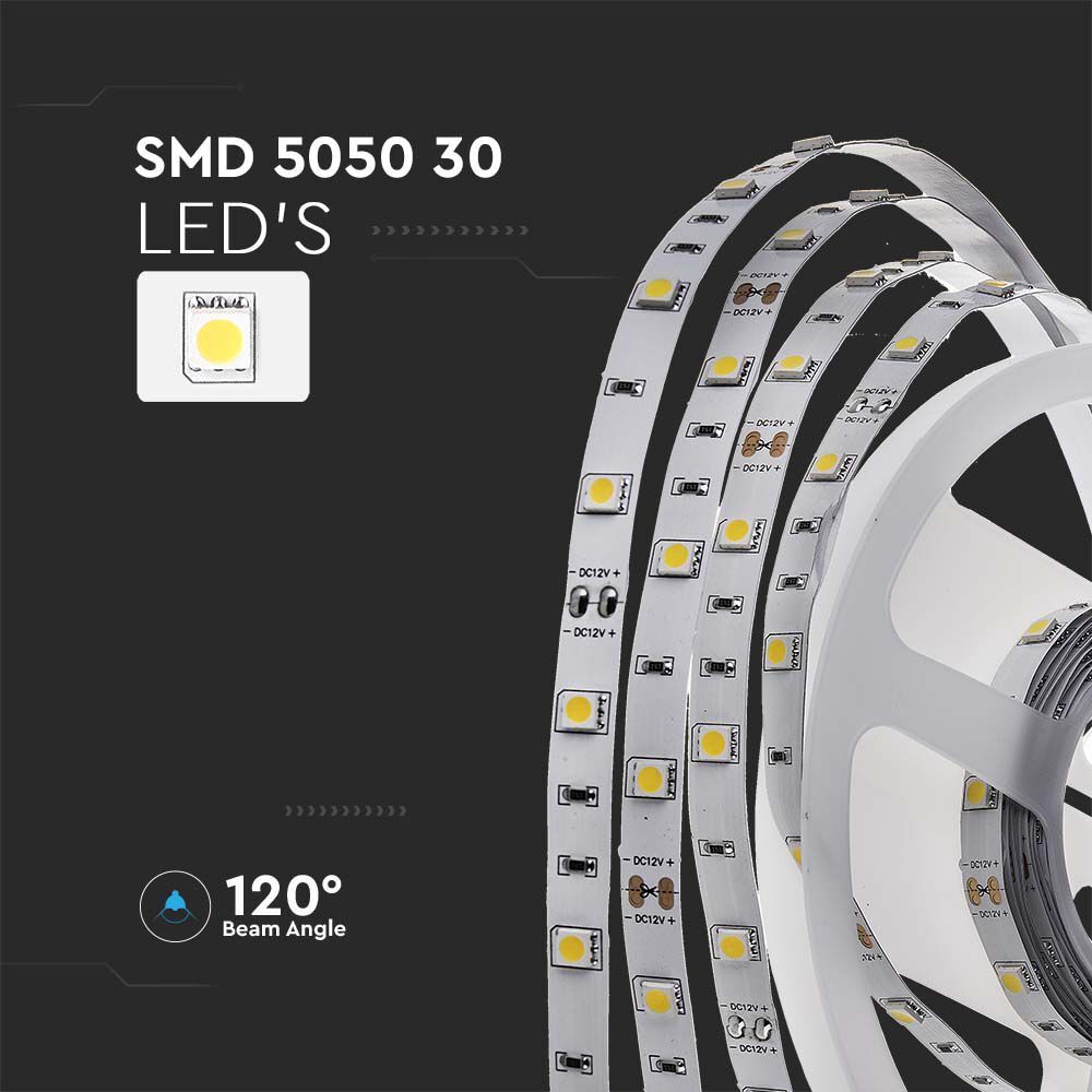 V-Tac Strip Led 5mt 12v Smd5050 6w/m Striscia 30 Led/m 12v Luce Calda 3000k Ip20 10mm