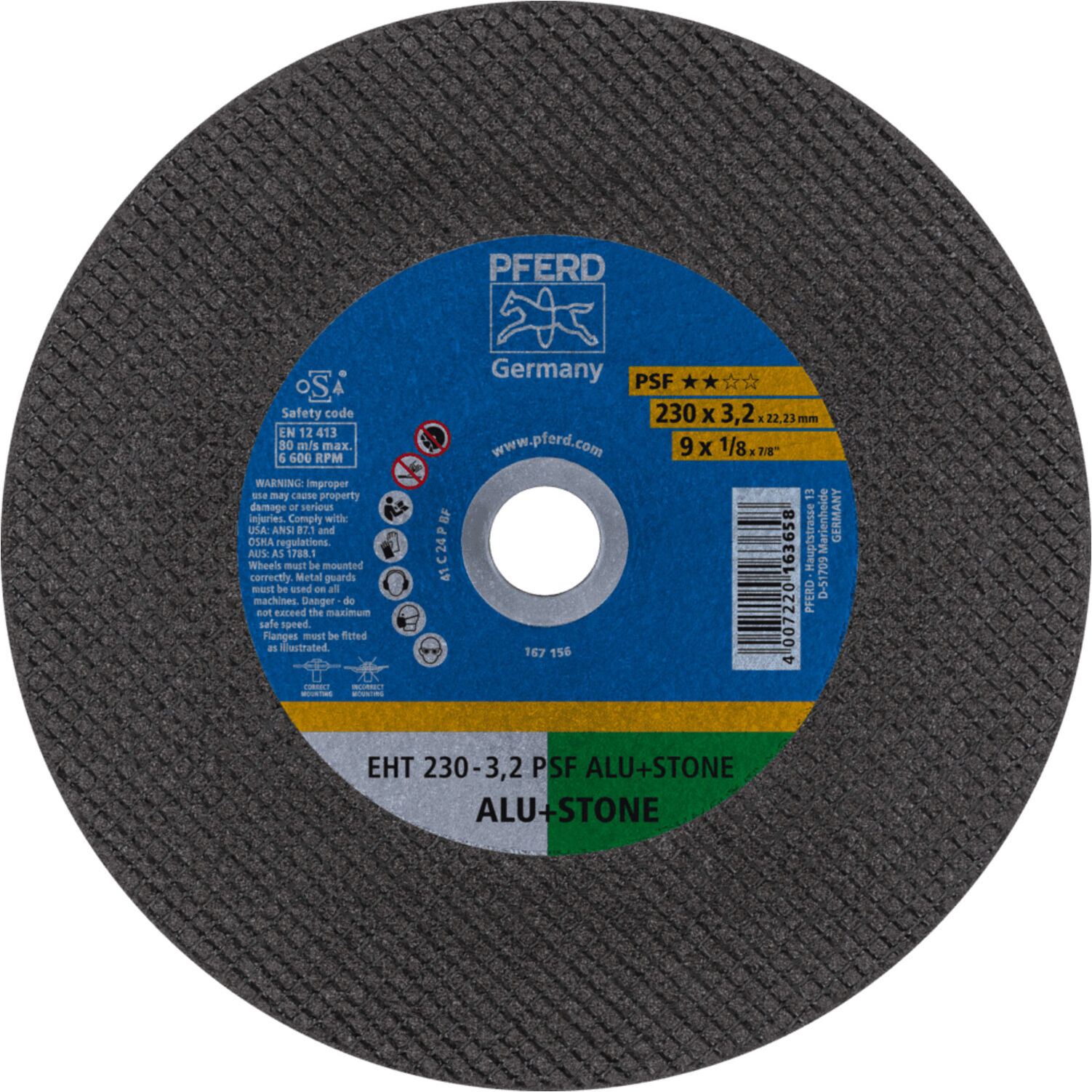 PFERD TOOLS Trennscheibe EHT 230x3,2x22,23 mm gerade Uni.-Linie PSF ALU+STONE für Alu/NE-Met./Stein (61828222)