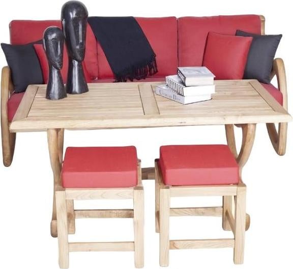 Komplett Tuinset met 3-Zits Sofa, 2 Hocker en Houten Eettafel