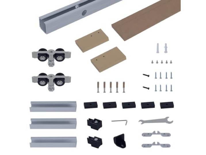 HOMCOM Kit Complet de Porte Coulissante en Bois 75 kg 200 x 3\,05 cm Brun Quincaillerie Système Galandage\, pour Porte Épaisseur 35-45 mm\, Rail\, Roulettes\, Vis