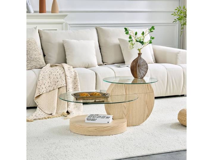 HOMVRA Table basse ronde double niveau en verre sécurit et MDF aspect bois style moderne