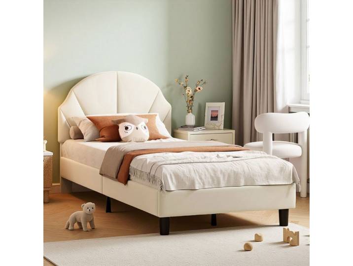 Lit 90x200 cm - COZY - tissu en velours - lit enfant 90x200 cm - beige