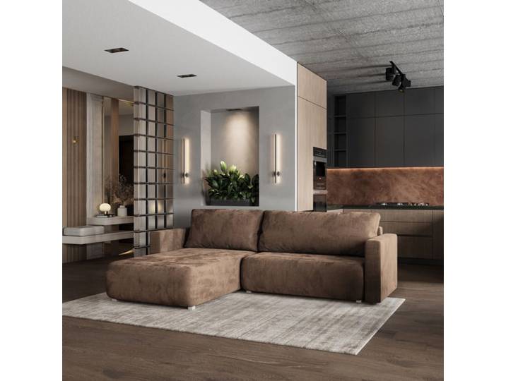Canapé d'angle TURIN Canape Convertible - Angle - 3 places - 265x183x83 cm - Tissu velours MONOLITH 09 - Beige