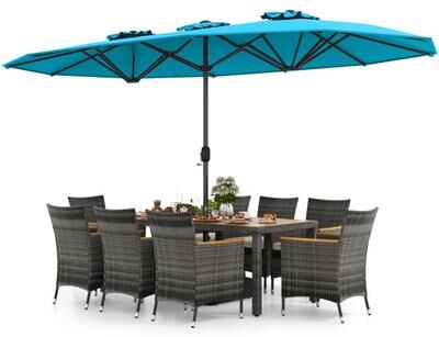 Costway 10 Pieces Patio Wicker Dining Set with 15 Feet Double-Sided Patio Umbrella-Turquoise