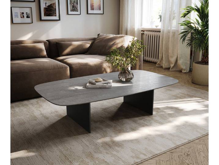 DELIFE Couchtisch Edge, Boot 120x70 cm Keramik Beton Grau Salto Metall Schwarz