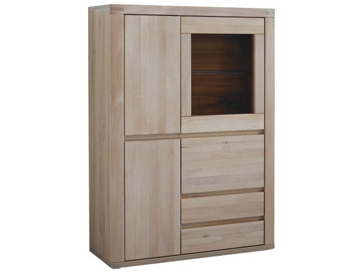 Voleo Highboard, Alteiche, Kunststoff, Eiche, massiv, 2 Holz + 1 Glas Fächer, 3 Schublade(n) Schubladen, 98.4x139.6x37.7 cm, Typenauswahl, Beimöbel erhältlich, stehend, Wohnzimmer, Wohnwand, Wohnwand- Serien