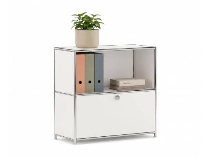 ofinto Cubox Metall-Kommode – Modulares Designer Sideboard Stahl Weiß Glanz Modulares Metallregal offen mit 1 Klappe, Premium-Stahl mit verchromtem Rahmen