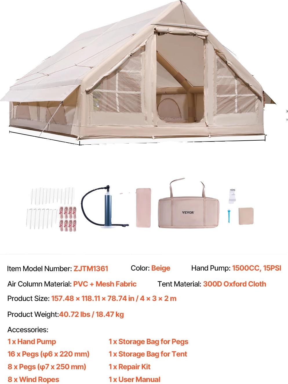 Aufblasbares Campingzelt, geräumiges Design 4x3,1m, langlebiges 300D Oxford-Gewebe, Zelt zum Aufblasen mit Handpumpe, 4x3.1m