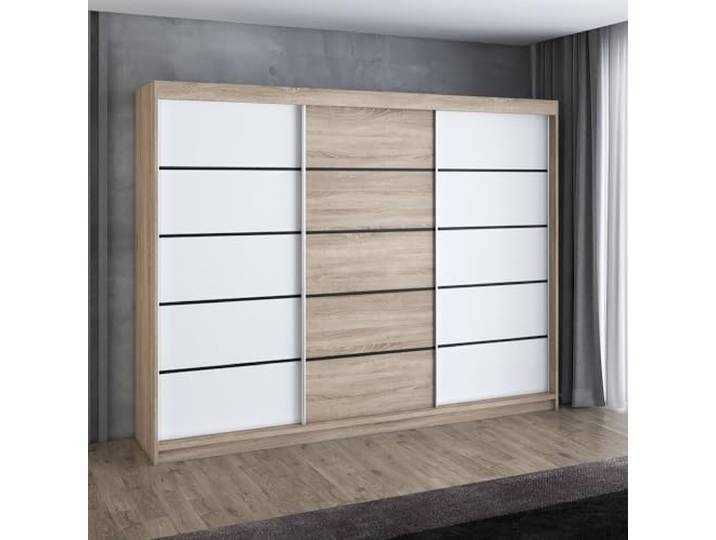 A&J MöbelLand MES Schwebetürenschrank 200 cm, Kleiderschrank 3-türig mit 4 Schubladen (Sonoma/Weiß/Sonoma/Weiß)