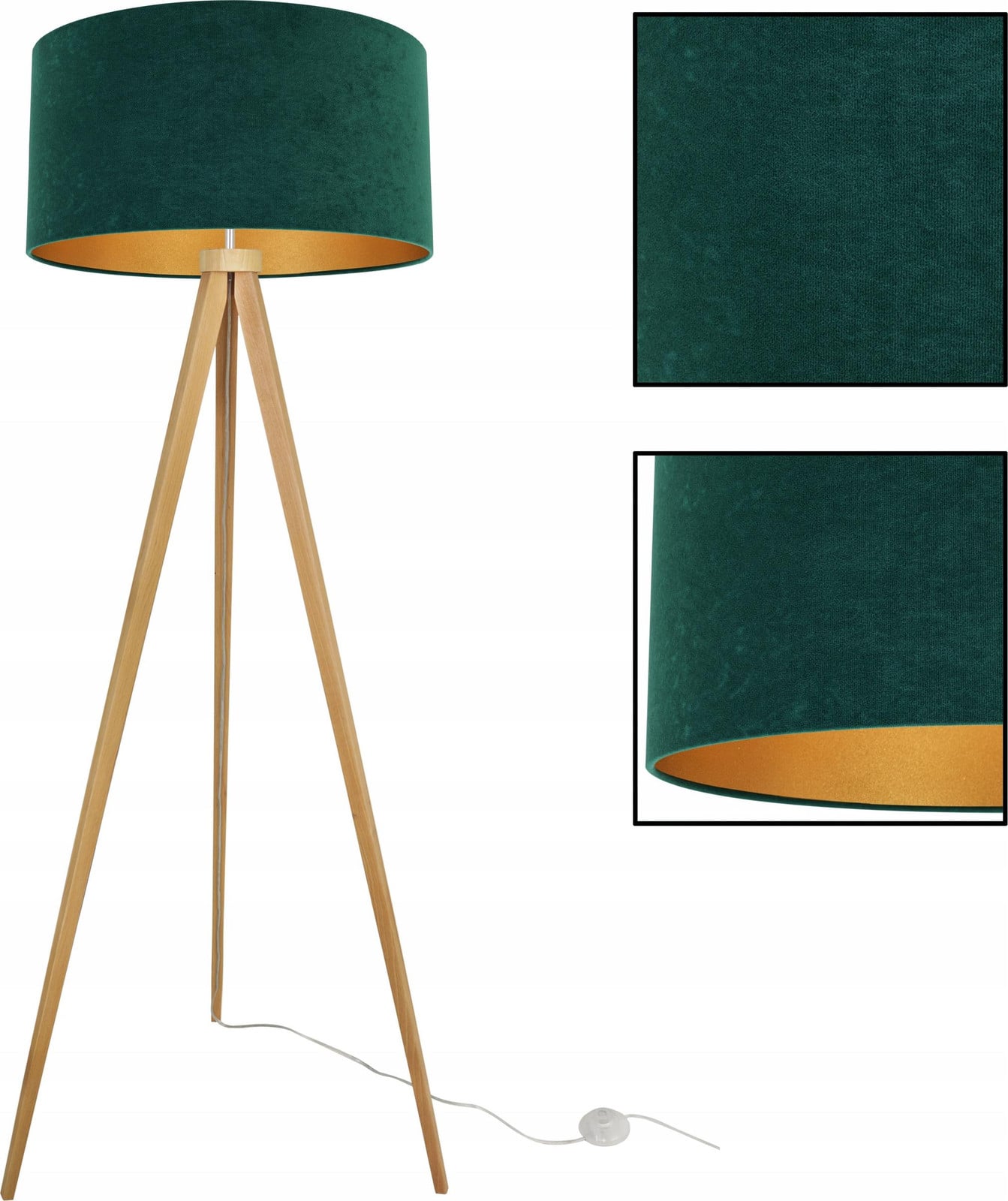 LightHome Vloerlamp met driepoot en gouden fluwelen lampenkap
