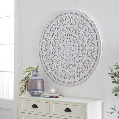 ARCILLA ELEMENTAL White Wood Handmade Intricately Carved Round Mandala Floral Home Wall Decor