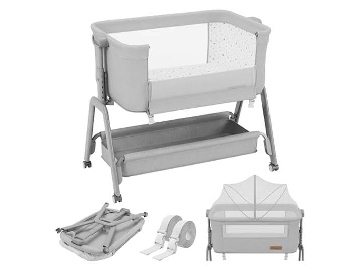 TULANO Dream 50 Beistellbett Baby mit Rollen - 3in1 Stubenwagen - Reisebett Matratze - 5-fach höhenverstellbar - Neigbare Liegefläche - Moskitonetz - Aufbewahrungskorb - bis 9 kg - Gris
