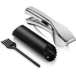 Arendo Knoblauchpresse für Knoblauch und Ingwer, aus Zinklegierung, mit Silikonschäler und Reinigungsbürste, 3-teiliges Set